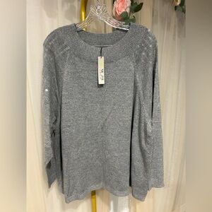 NIC+ZOE Gray Sequin Shoulder Sweater 2X Lightweight Knit Plus